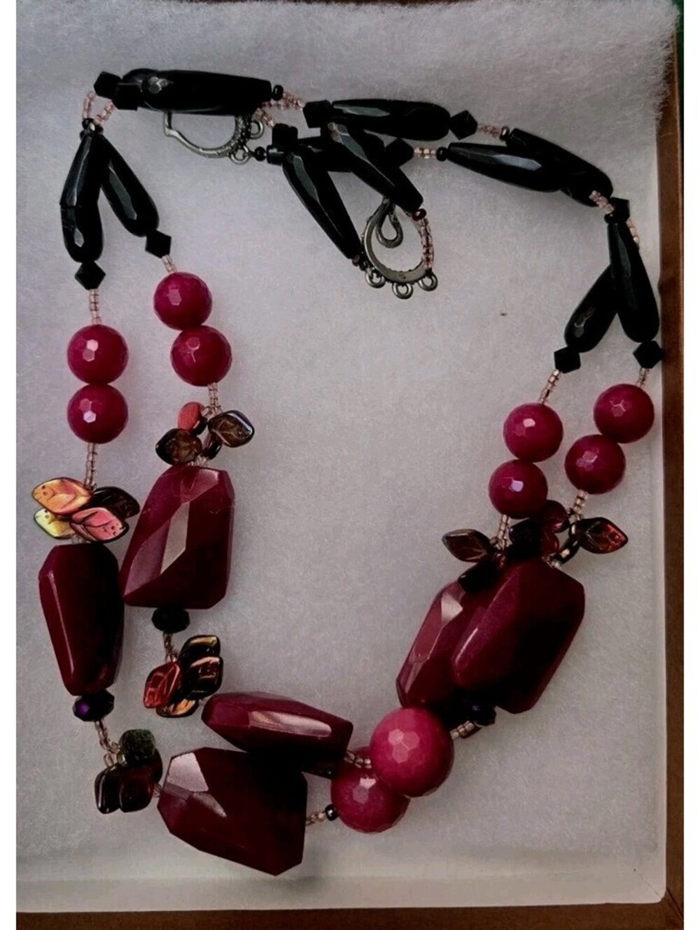 Black & Red Vintage Two Strand Glass Chunky Beaded Necklace 20” Multilayer
